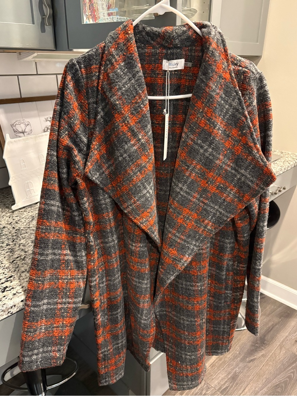 Bluivy Gray and Orange Plaid Open Cardigan Jacket